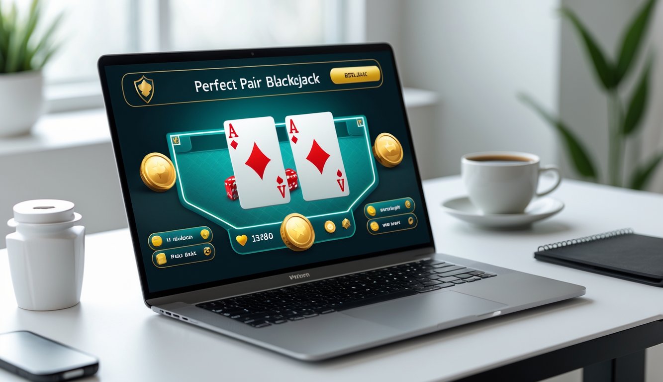 Seorang pemain duduk di depan laptop dengan permainan blackjack online yang menampilkan kartu pasangan sempurna, di meja yang rapi dan terang.