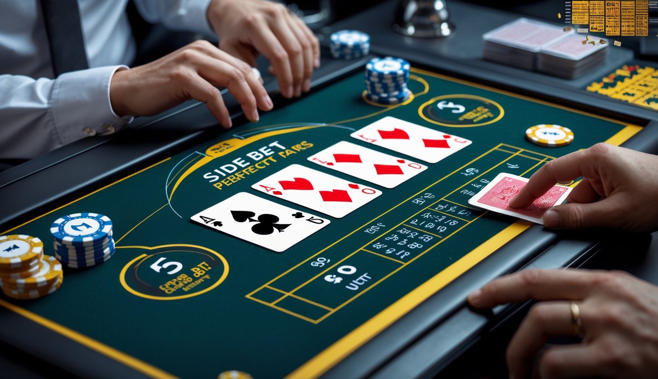 Layar komputer menampilkan permainan blackjack online dengan kartu pasangan dan tumpukan chip di meja permainan.