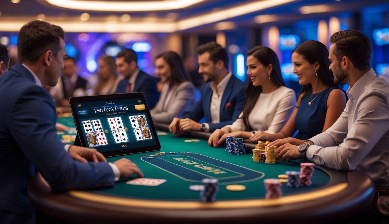 Beberapa pemain sedang bermain blackjack online di meja kasino dengan kartu dan chip di depan mereka.