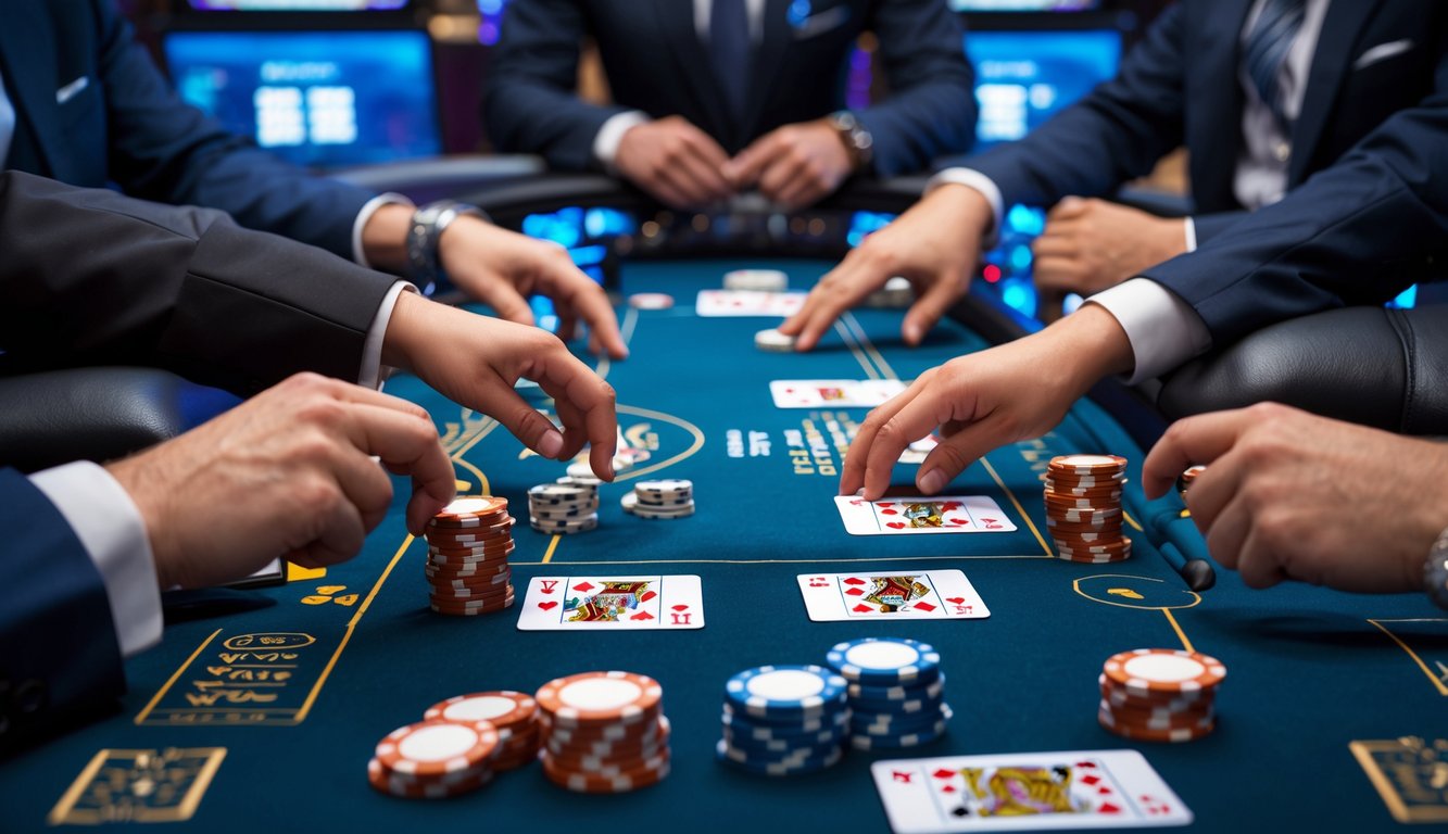 Meja blackjack di kasino online live dengan dealer membagikan kartu dan pemain menggunakan perangkat digital, menampilkan suasana permainan blackjack dengan pasangan kartu.