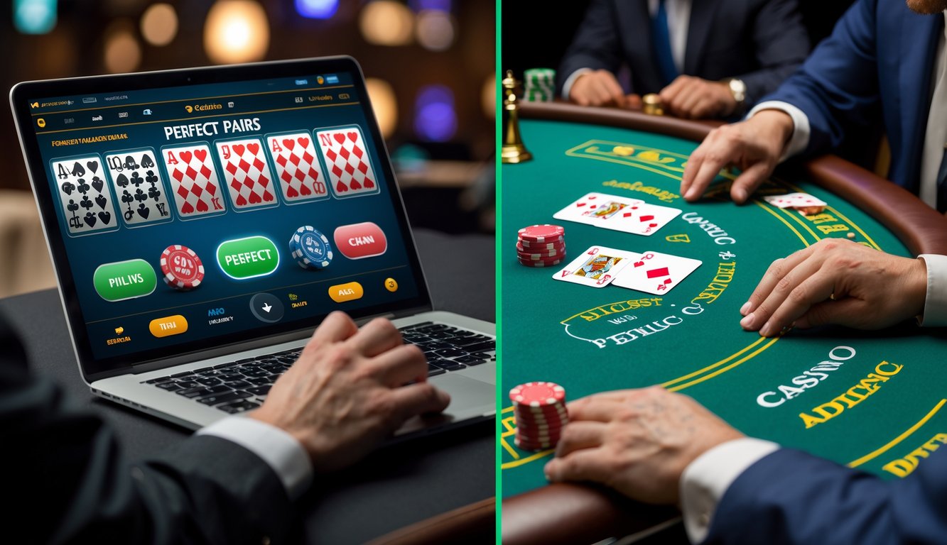 Perbandingan antara permainan blackjack online dengan tampilan digital dan blackjack klasik dengan meja hijau dan kartu fisik.