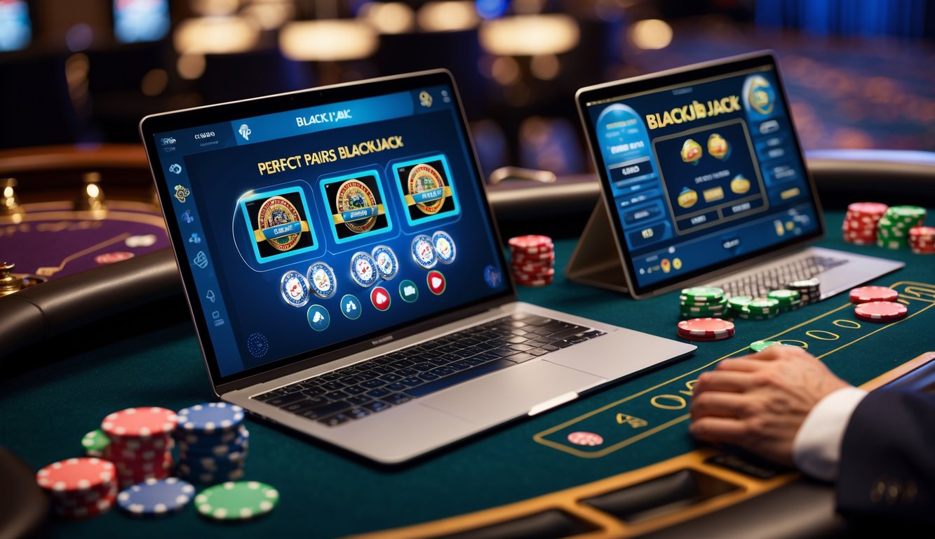 Layar laptop menampilkan permainan blackjack online di samping meja blackjack klasik dengan kartu dan chip kasino.