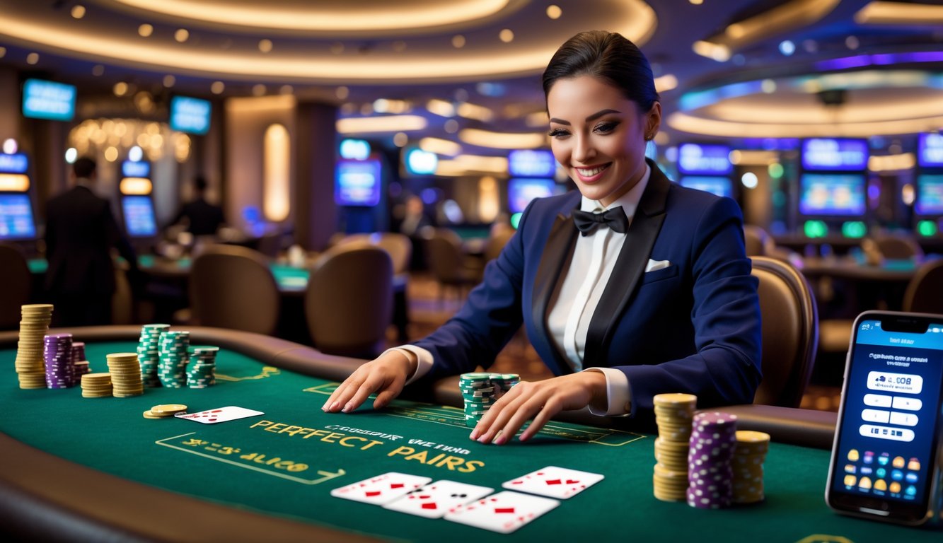 Seorang dealer kartu profesional sedang membagikan kartu blackjack secara langsung di meja kasino dengan pasangan kartu yang cocok terlihat jelas.