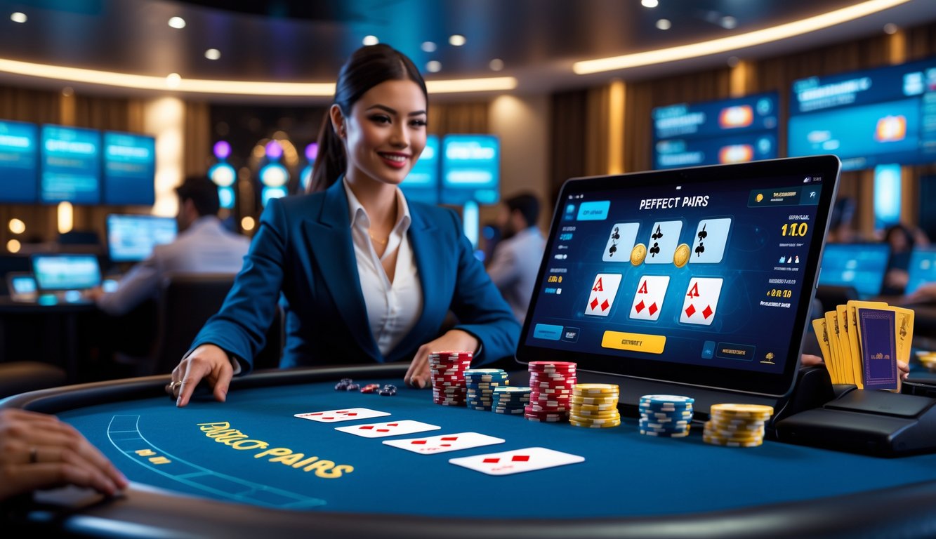 Seorang dealer profesional sedang mengelola permainan blackjack online dengan kartu yang menampilkan pasangan sempurna, di depan layar komputer dengan pemain yang berinteraksi secara virtual.