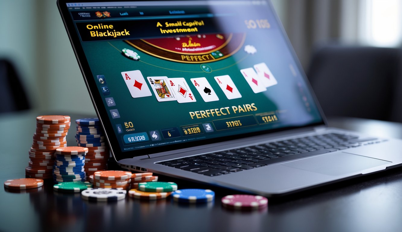 Sebuah laptop menampilkan permainan blackjack online dengan kartu dan chip poker di sekitarnya, menggambarkan suasana bermain judi kartu secara online.
