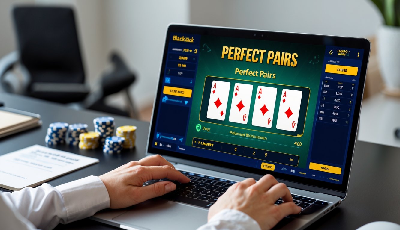 Seorang pemain sedang bermain blackjack online di depan komputer dengan kartu pasangan terlihat di layar, di ruang kerja yang rapi dan terang.