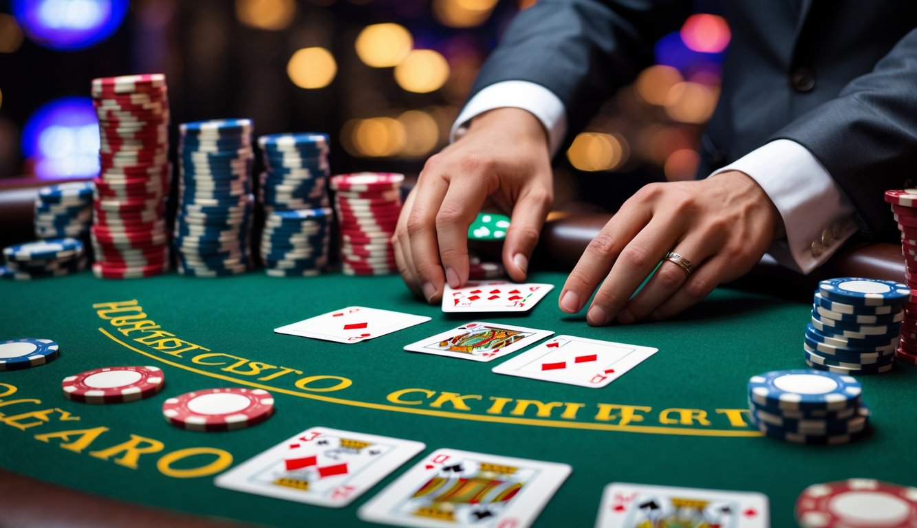 Meja blackjack dengan kartu kombinasi pasangan sempurna dan tumpukan chip poker di kasino.