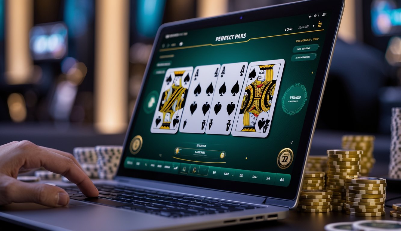Tampilan dekat meja blackjack digital di layar laptop yang menampilkan kombinasi kartu pasangan yang sama pada permainan blackjack online.