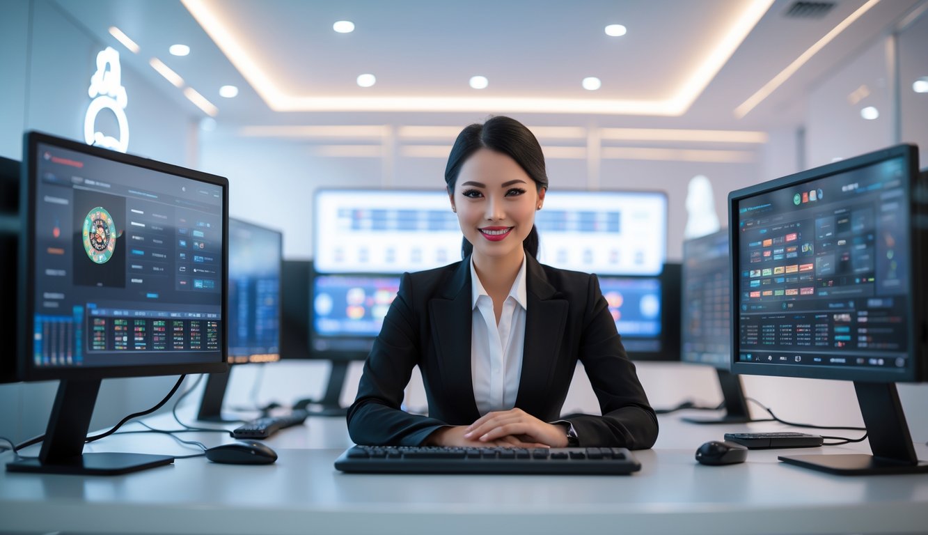 Seorang dealer profesional duduk di meja dengan beberapa layar komputer yang menampilkan permainan langsung, menunjukkan layanan online terpercaya 24 jam.