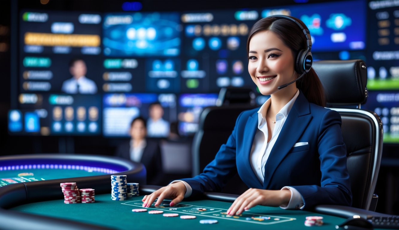 Seorang dealer profesional duduk di meja permainan dengan kartu dan chip, dikelilingi layar digital yang menampilkan permainan langsung dalam suasana kasino online yang modern.