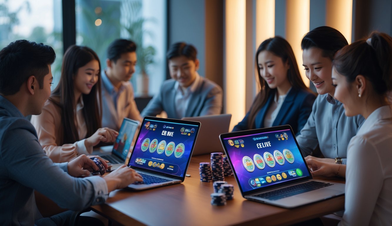 Beberapa orang menggunakan laptop dan ponsel di ruangan yang nyaman untuk bermain permainan Ceme online secara resmi dengan suasana yang ramah dan profesional.