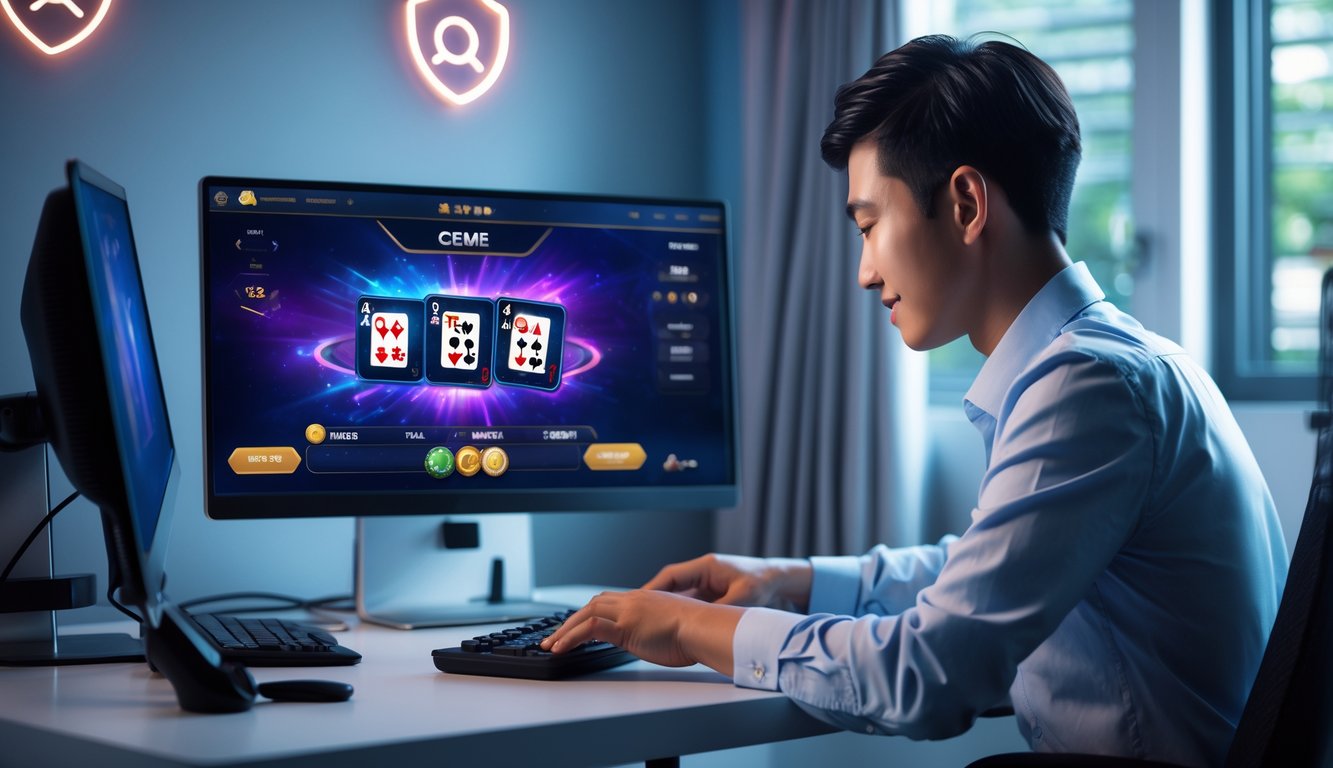 Seseorang bermain permainan kartu Ceme secara online di depan komputer di ruang kerja modern.