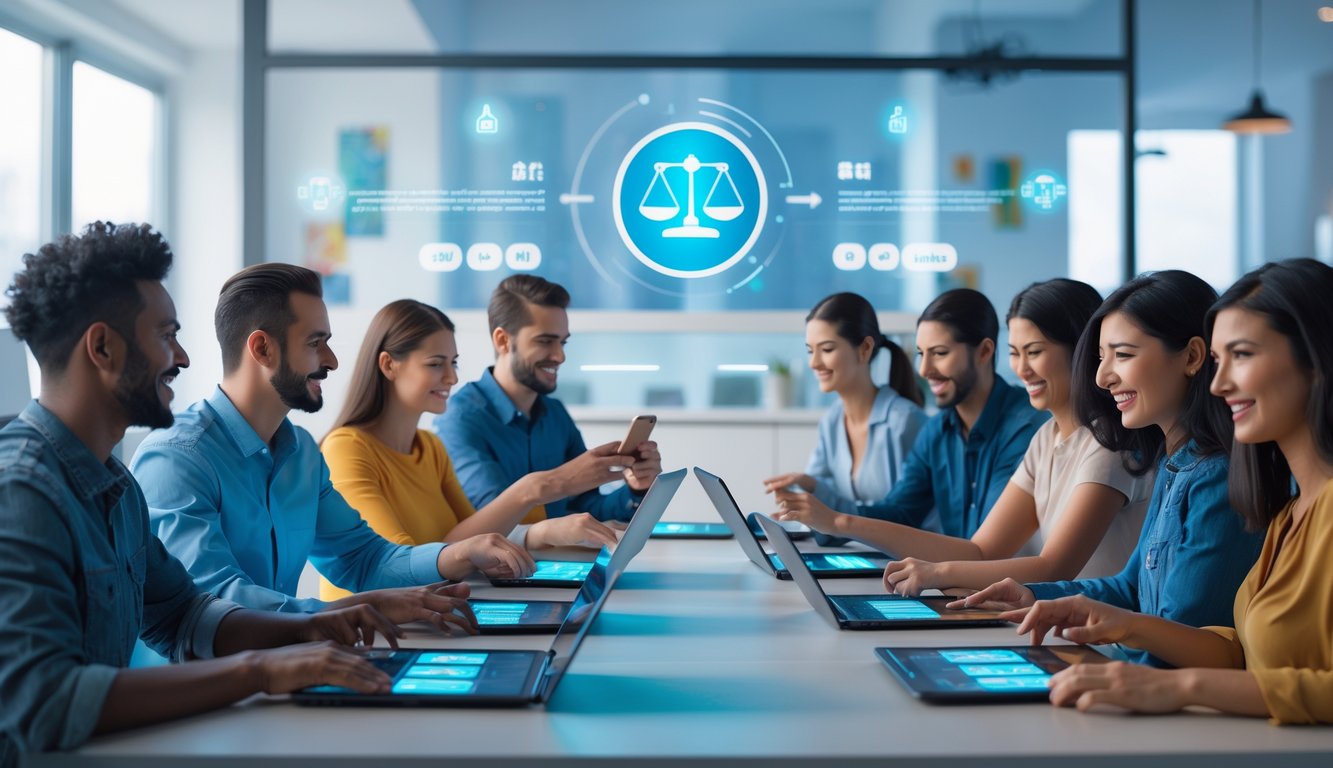 Beberapa orang bermain permainan kartu dan domino secara online di ruang yang terang dan nyaman dengan suasana yang ramah dan profesional.