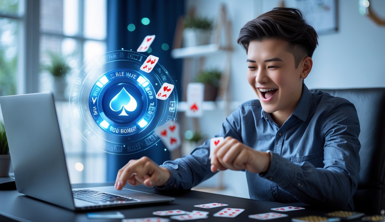 Seorang dewasa muda bermain permainan kartu secara online di depan laptop di ruang kerja modern.