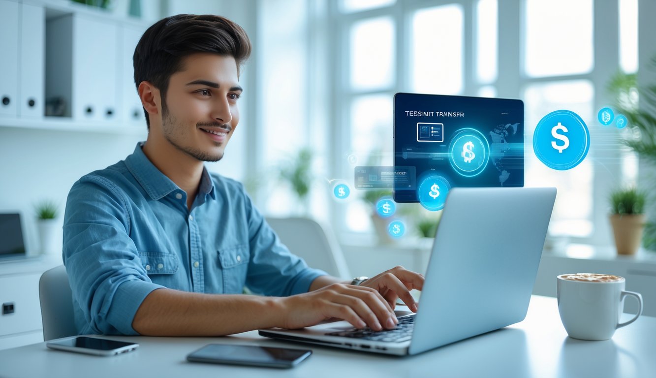 Seorang dewasa muda menggunakan laptop di meja kerja yang rapi dengan latar belakang smartphone dan cangkir kopi, menggambarkan proses deposit dan withdraw online yang cepat dan aman.