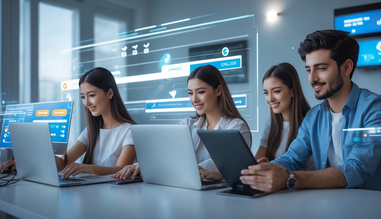 Sekelompok orang muda menggunakan laptop dan ponsel di ruang modern, menunjukkan proses deposit dan penarikan cepat secara online.