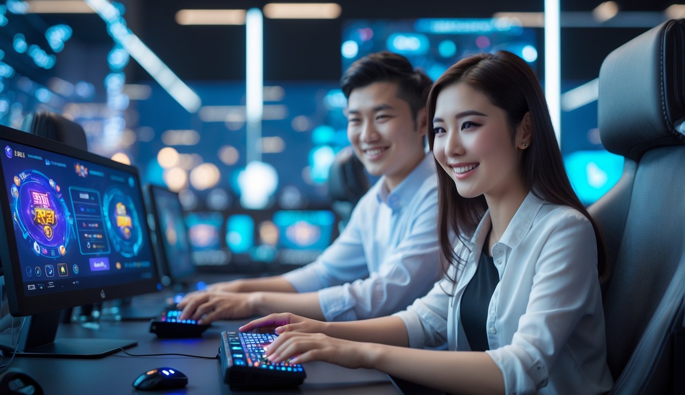 Dua orang muda bermain permainan kartu Ceme secara online dengan tampilan layar yang jernih dan lancar di sebuah ruangan yang terang.