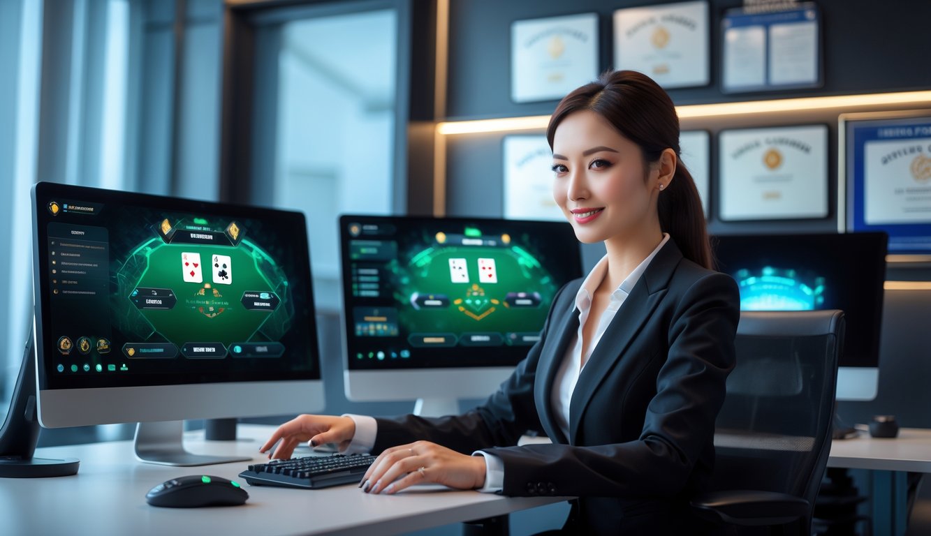 Seorang wanita duduk di meja dengan beberapa layar komputer yang menampilkan permainan kartu online, di latar belakang terdapat sertifikat dan lisensi di dinding.