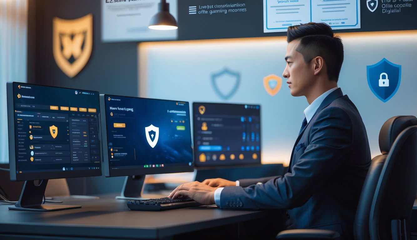 Seorang agen profesional duduk di meja dengan beberapa monitor komputer yang menampilkan antarmuka permainan online yang aman dan sertifikat lisensi digital di dinding belakang.