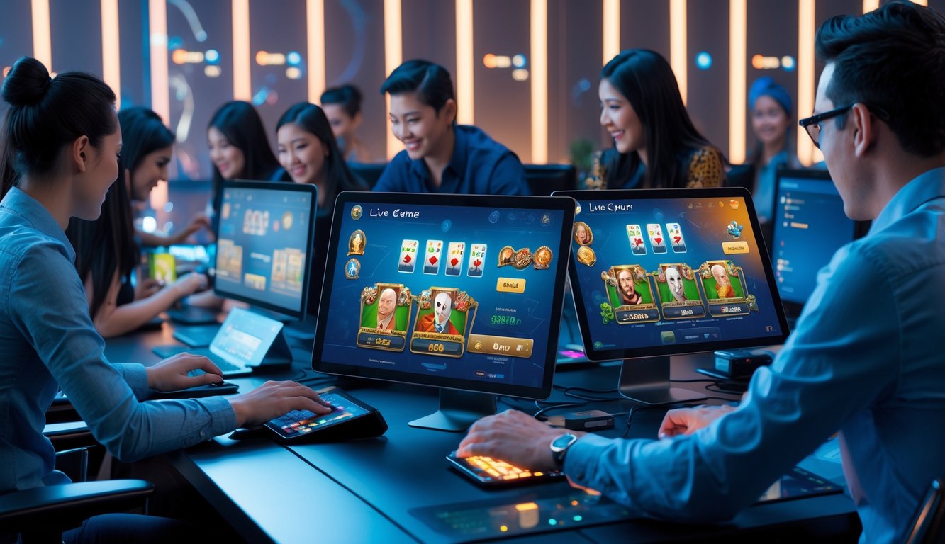 Beberapa orang menggunakan komputer dan tablet untuk bermain permainan kartu Ceme secara online dengan banyak meja aktif di layar.