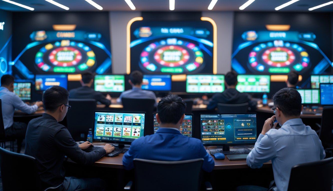 Beberapa orang sedang bermain permainan kartu secara online dengan beberapa meja aktif di layar komputer dalam ruangan modern.