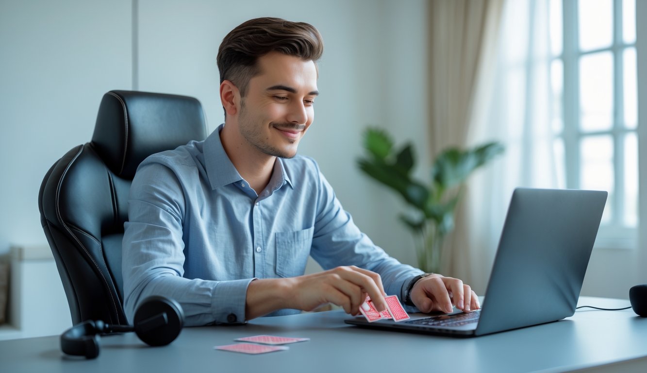 Seorang pria muda duduk di meja dengan laptop, fokus bermain permainan kartu online di ruangan yang terang dan rapi.