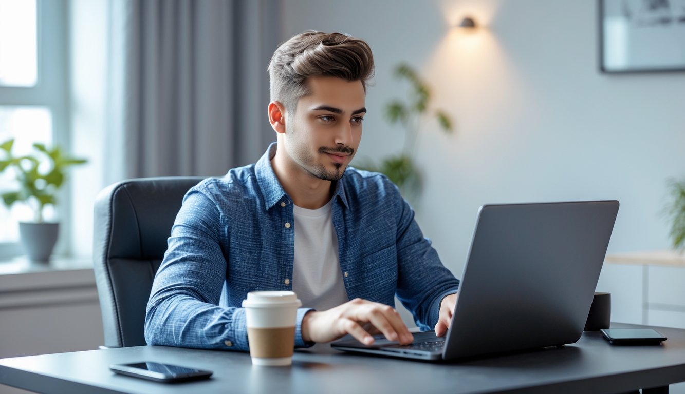 Seorang pria muda duduk di meja dengan laptop, fokus bermain permainan kartu online di ruangan yang terang.