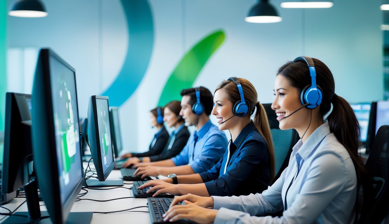 Tim layanan pelanggan yang ramah sedang bekerja di pusat layanan dengan komputer dan headset, membantu pelanggan secara online.