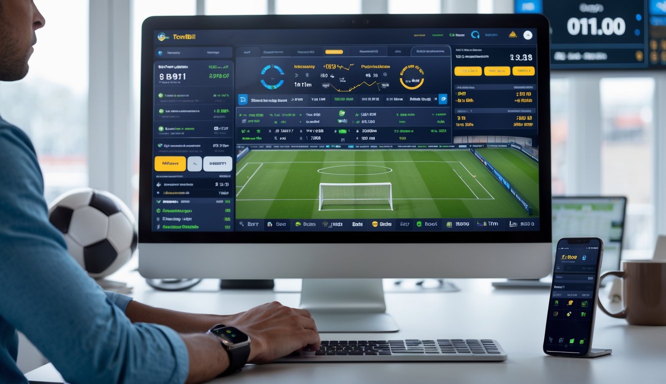 Seorang pria muda menggunakan laptop dan ponsel di kantor dengan layar komputer yang menampilkan statistik sepak bola dan peluang taruhan.