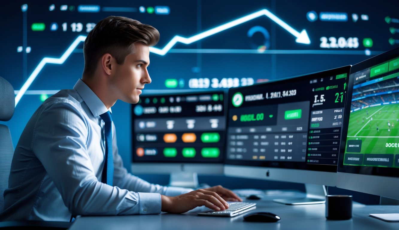 Seorang agen taruhan bola online yang percaya diri bekerja di depan beberapa layar komputer dengan data pertandingan sepak bola dan statistik gol terakhir.