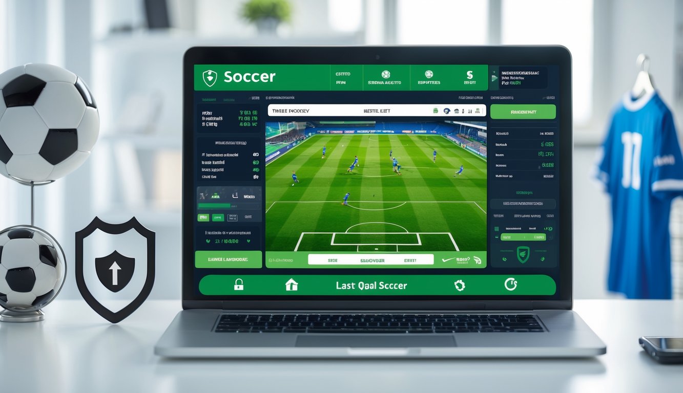 Seseorang menggunakan komputer dengan tampilan pertandingan sepak bola dan statistik pencetak gol terakhir dalam suasana ruangan yang rapi dan terang.