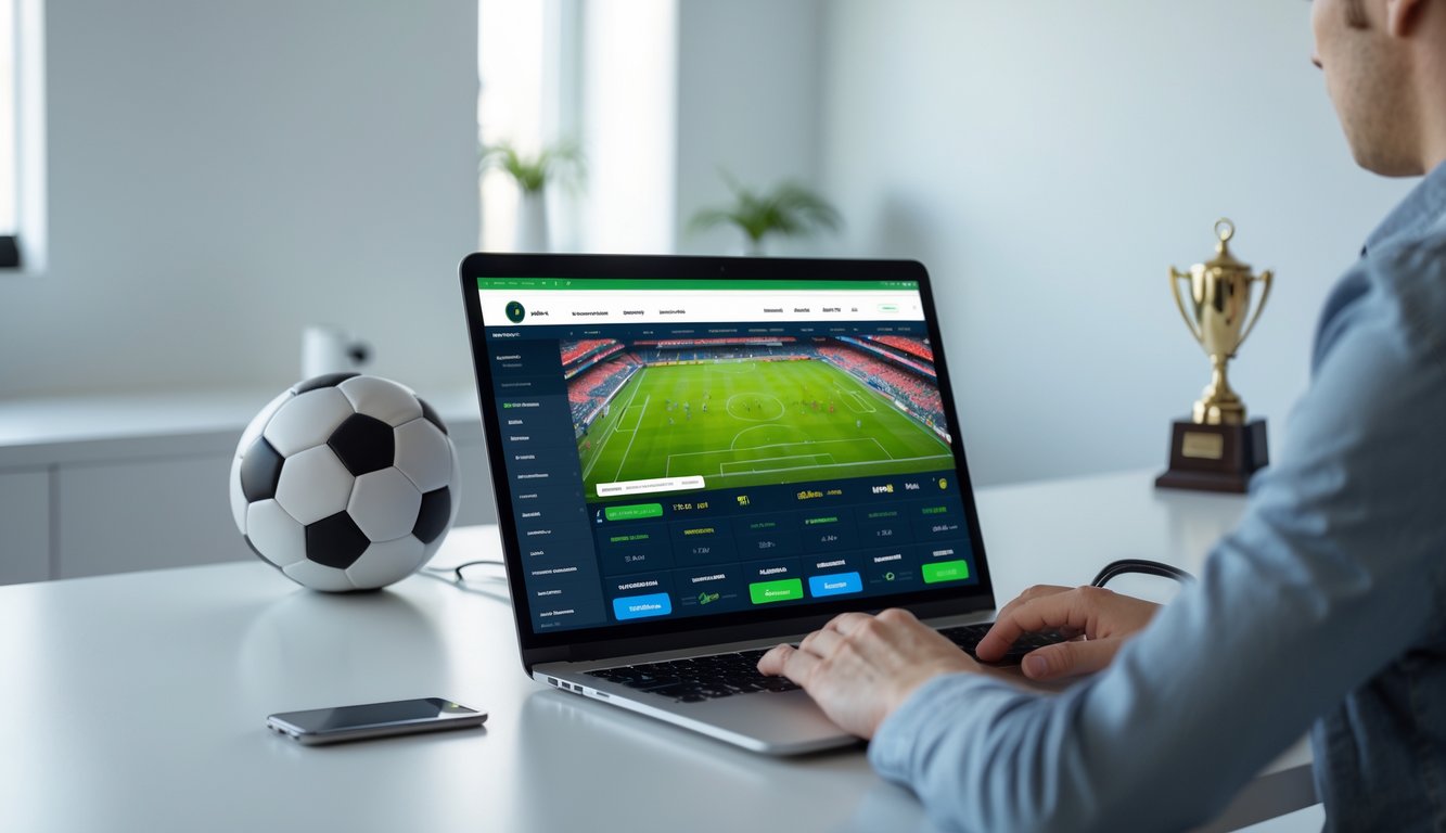 Seseorang menggunakan laptop di meja kerja dengan tampilan situs taruhan bola online yang menampilkan skor dan bonus anggota baru.