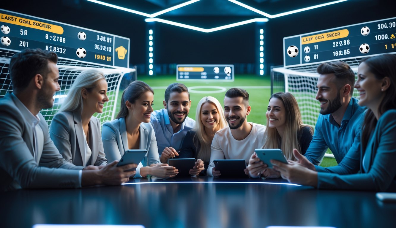 Sekelompok orang dewasa sedang melihat layar digital yang menampilkan statistik pertandingan sepak bola dan berdiskusi di sebuah ruangan modern.