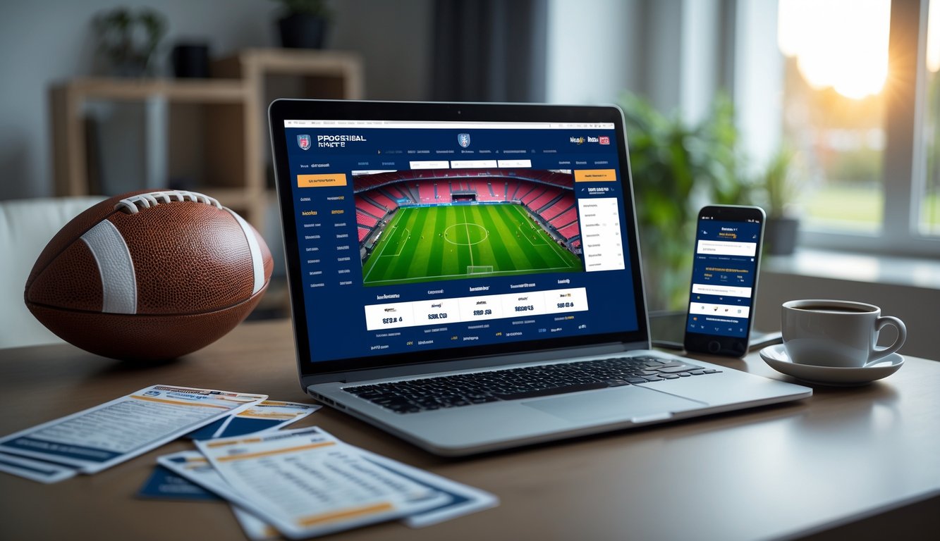 Seorang pengguna sedang memasang taruhan sepak bola Liga Eropa secara online menggunakan laptop di meja kerja dengan bola sepak dan ponsel di sekitarnya.