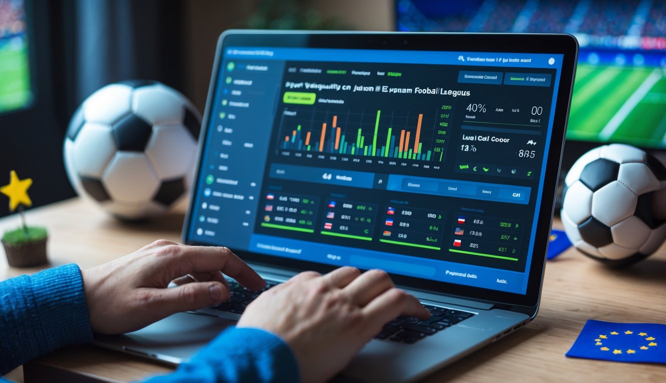 Seseorang menggunakan komputer dengan tampilan taruhan sepak bola Liga Eropa yang menampilkan statistik pencetak gol terakhir.