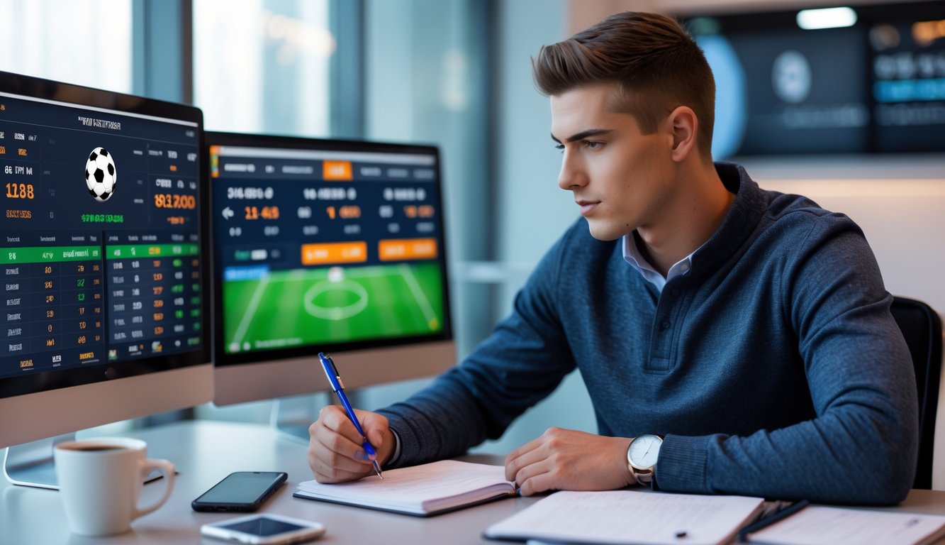 Seorang pria muda duduk di meja dengan beberapa layar komputer yang menampilkan statistik pertandingan sepak bola dan data pencetak gol, sedang fokus menganalisis dengan catatan di depan.