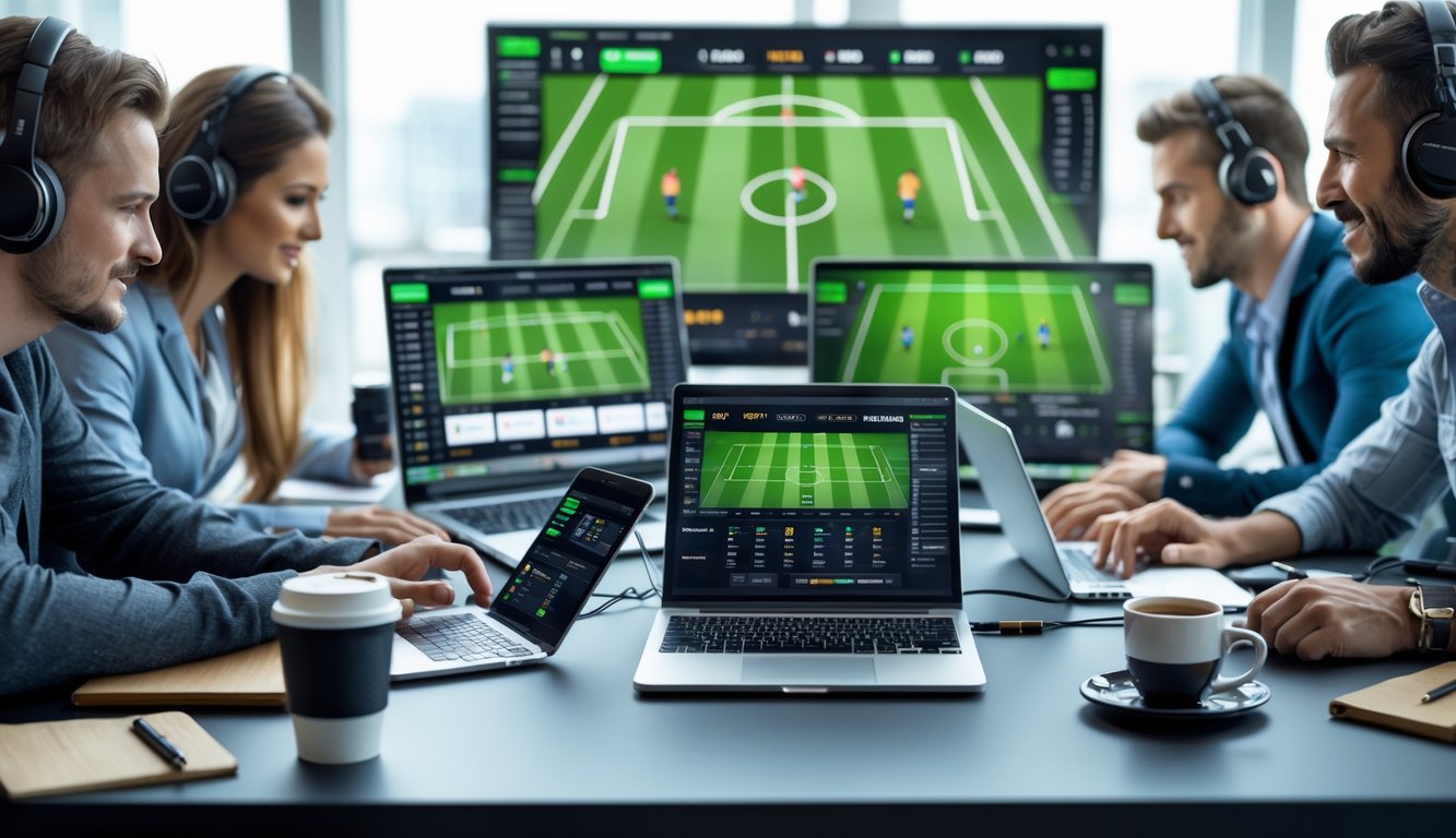 Orang-orang menggunakan perangkat digital untuk melihat statistik pertandingan sepak bola dan informasi taruhan dalam ruangan modern.