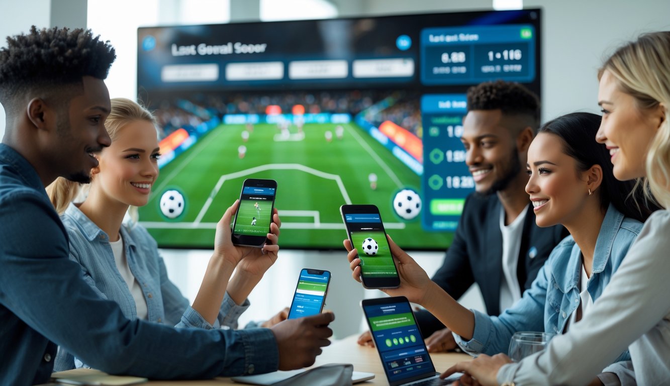 Sekelompok orang muda menggunakan perangkat digital untuk melihat statistik pertandingan sepak bola dan informasi pencetak gol terakhir dalam suasana yang modern dan nyaman.