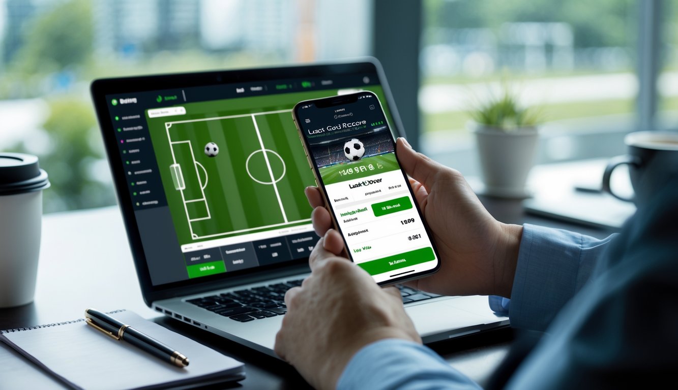 Seseorang menggunakan laptop dan ponsel untuk memasang taruhan bola online dengan layar pertandingan sepak bola terlihat.