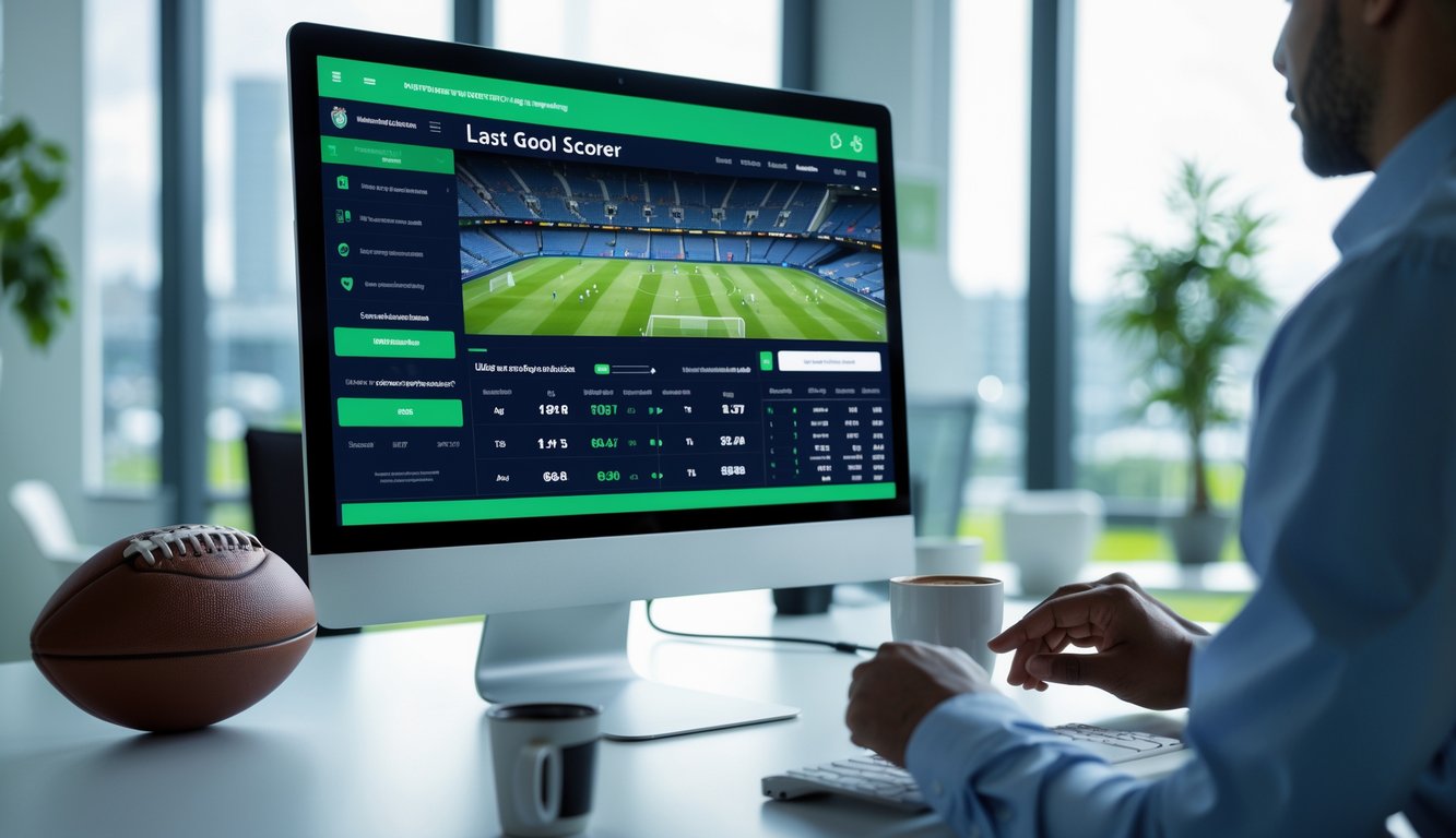 Seorang pengguna berbusana kasual bisnis sedang menggunakan komputer dengan tampilan antarmuka taruhan bola online yang menampilkan statistik pemain dan peluang taruhan di kantor modern.