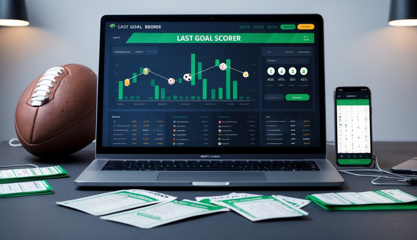 Seorang pria menggunakan laptop dengan layar yang menampilkan antarmuka taruhan sepak bola, dikelilingi bola sepak dan ponsel di atas meja kerja.