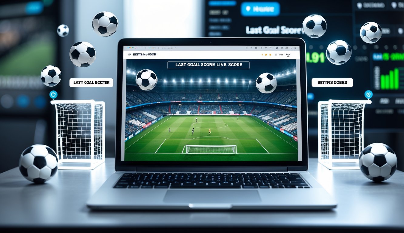 Seorang pria menggunakan laptop di meja kerja dengan tampilan pertandingan sepak bola yang sedang berlangsung di layar.