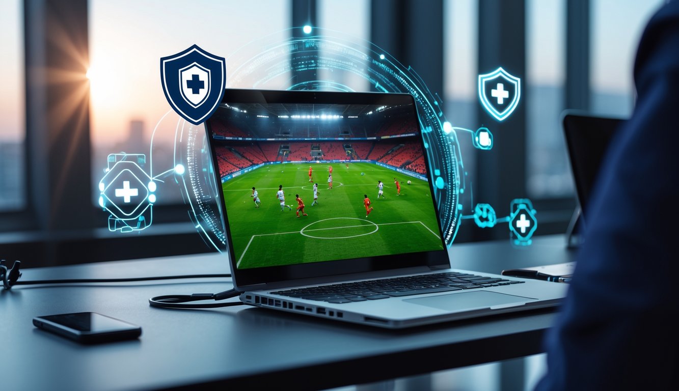 Seorang pengguna di depan laptop dengan pertandingan sepak bola di layar, dikelilingi simbol keamanan dan koneksi digital.