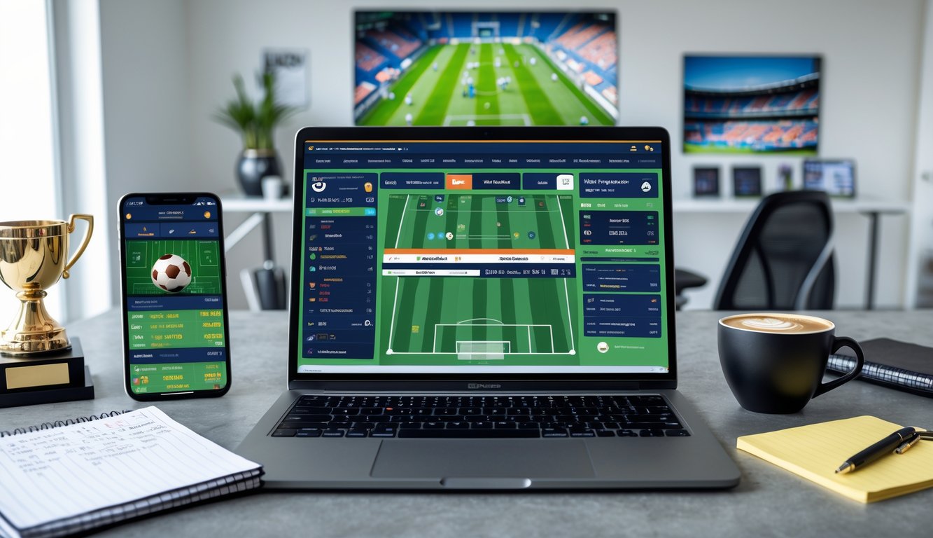 Sebuah ruang kerja modern dengan laptop yang menampilkan statistik pertandingan sepak bola dan grafik, dikelilingi oleh smartphone, buku catatan, dan cangkir kopi.