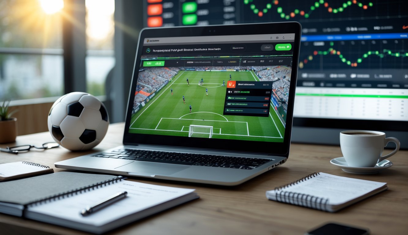 Seorang pria bekerja dengan laptop yang menampilkan statistik pencetak gol terakhir dalam pertandingan sepak bola, dikelilingi bola sepak dan catatan taruhan.