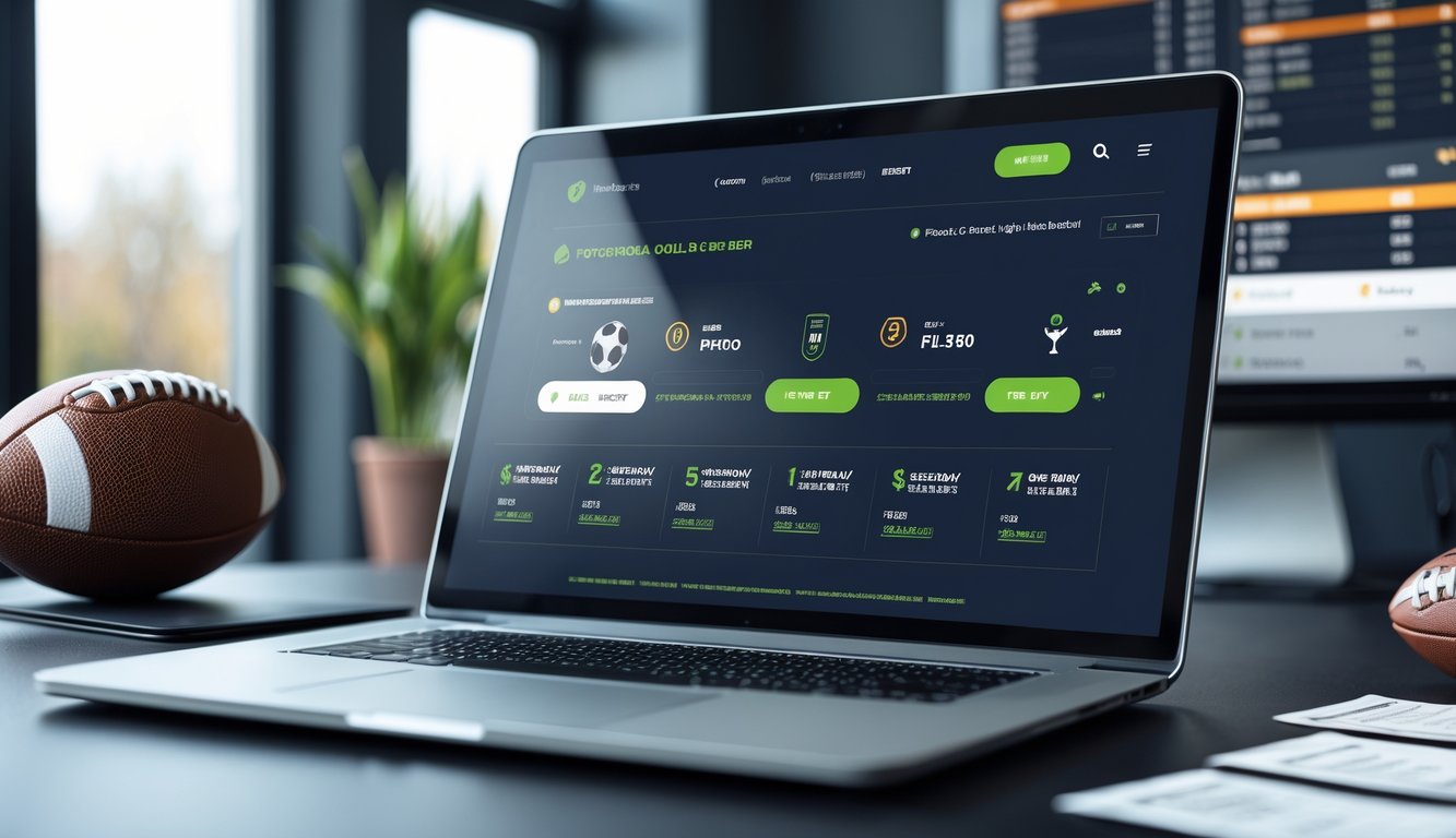 Antarmuka taruhan bola online dengan perangkat digital di meja kerja modern dan elemen sepak bola di latar belakang.