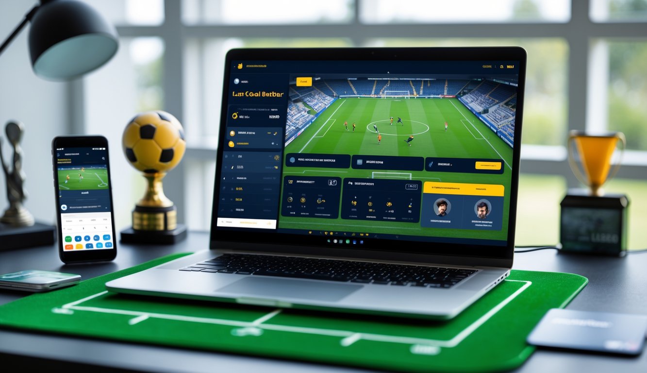 Seorang pria menggunakan laptop di meja kerja dengan tampilan pertandingan sepak bola di layar, dikelilingi oleh ponsel dan kartu kredit, menunjukkan aktivitas taruhan bola online.