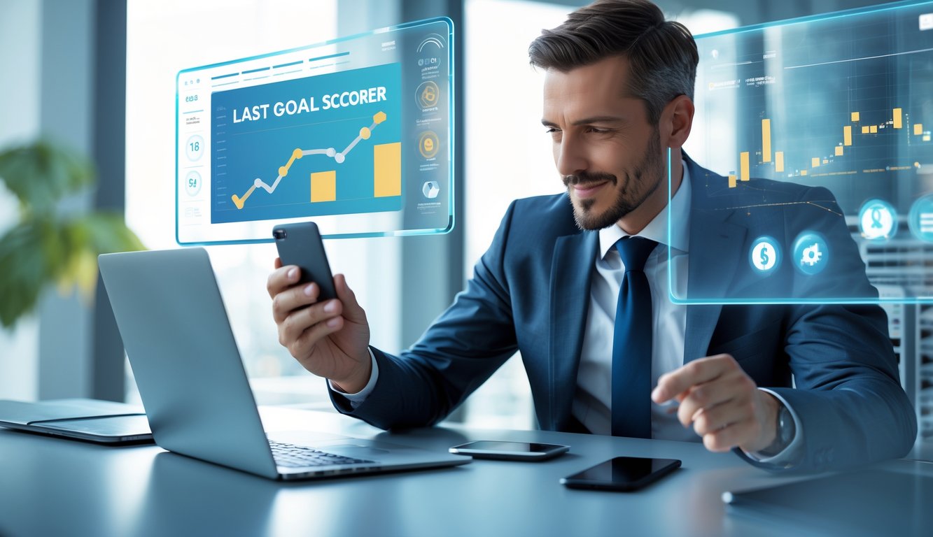 Seorang pria bisnis di kantor modern menggunakan laptop dan ponsel, dengan layar digital menampilkan grafik dan ikon mata uang, menunjukkan layanan taruhan bola online yang cepat dan terpercaya.