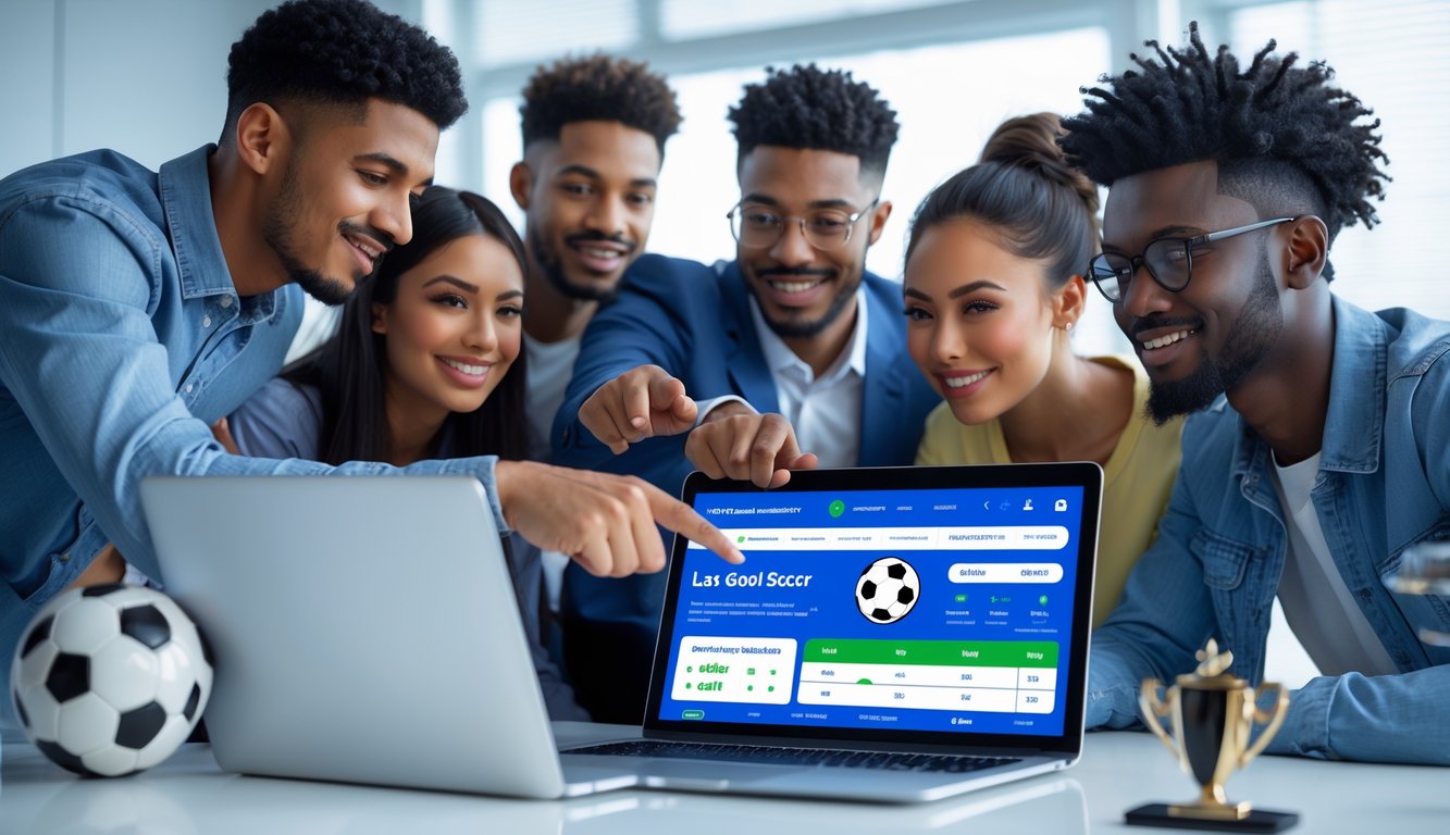 Sekelompok orang muda sedang berdiskusi di sekitar laptop di kantor modern dengan layar yang menampilkan fitur taruhan olahraga.