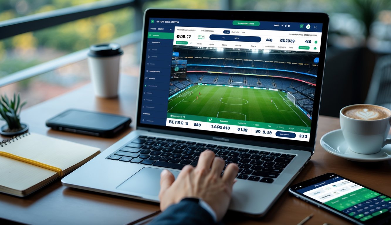 Seorang pria menggunakan laptop di meja kerja dengan tampilan situs taruhan sepak bola online yang menampilkan statistik pertandingan dan pencetak gol terakhir.